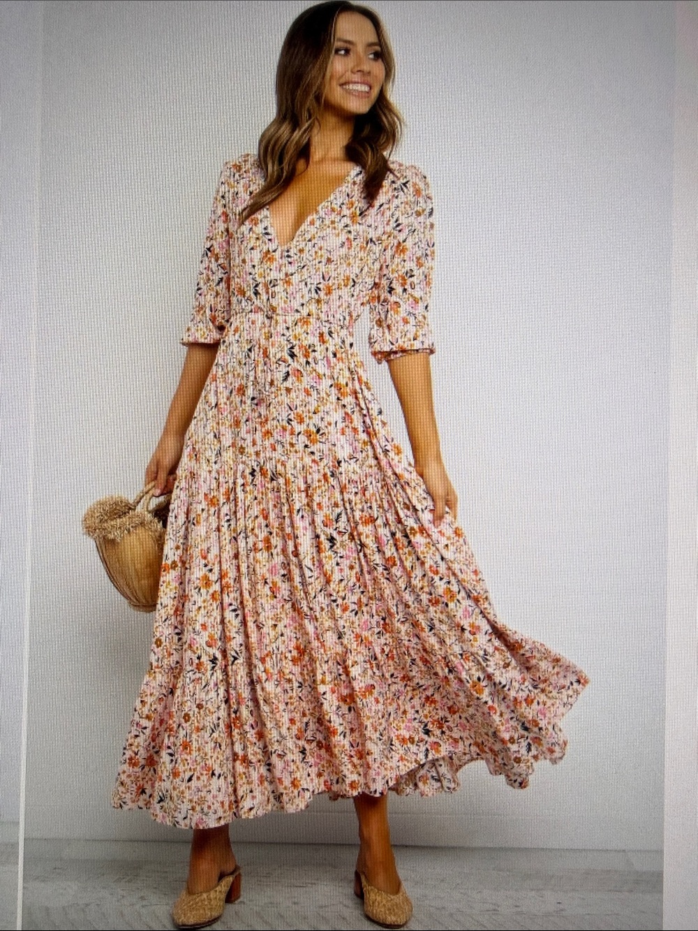 Petal & Pup Kelda Maxi Dress Floral 3/4 Sleeve Drawstring Cinched Waist Autumn L - Picture 1 of 16